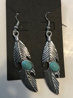 Silver Feather Earrings with Turquoise Colored Stone